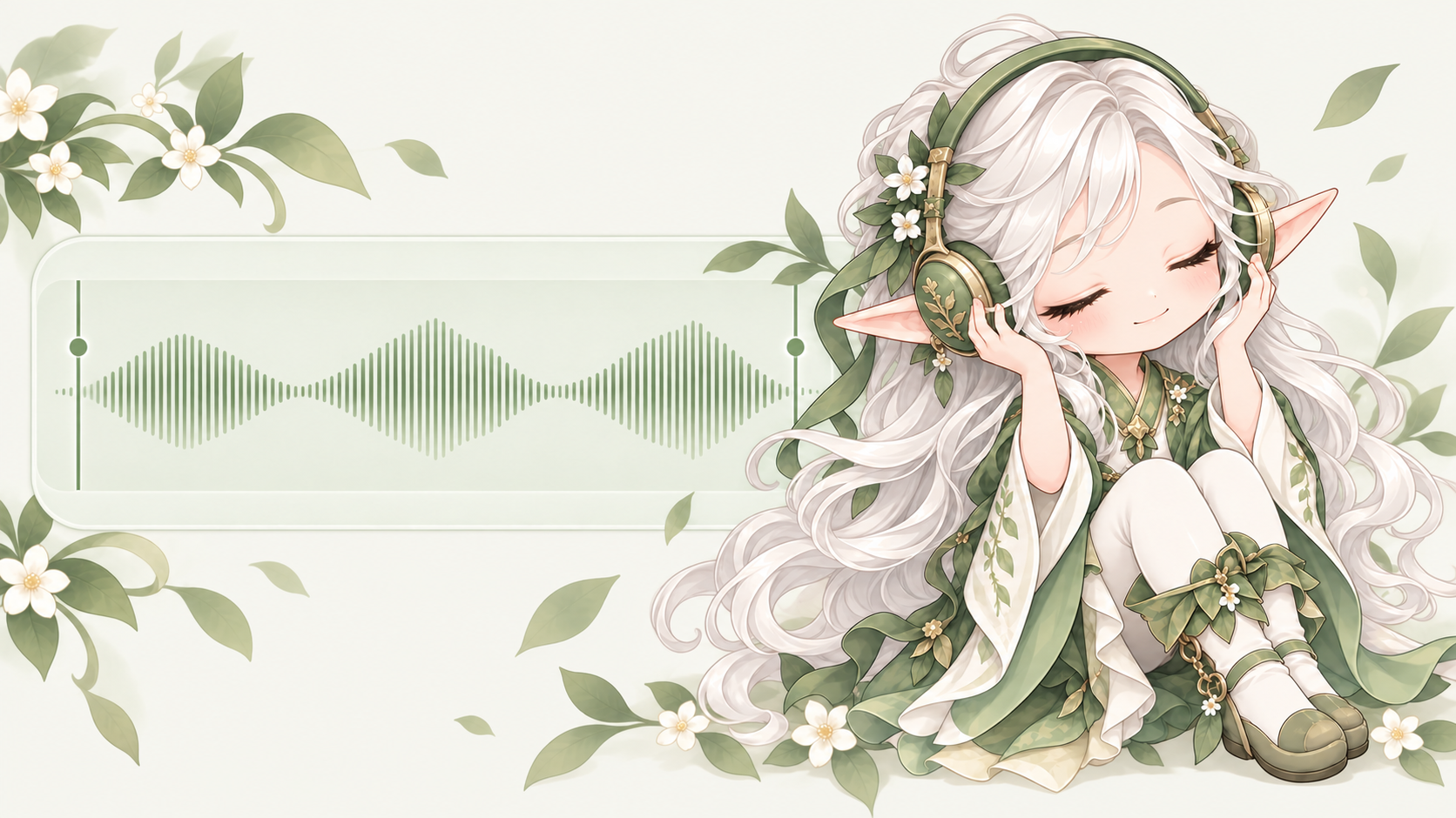 ヘッドホンで音楽を聴く白髪のエルフと音声波形