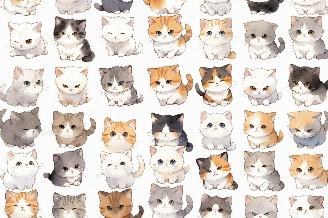 さまざまな猫が整然と並ぶIcon Anchorのイメージイラスト