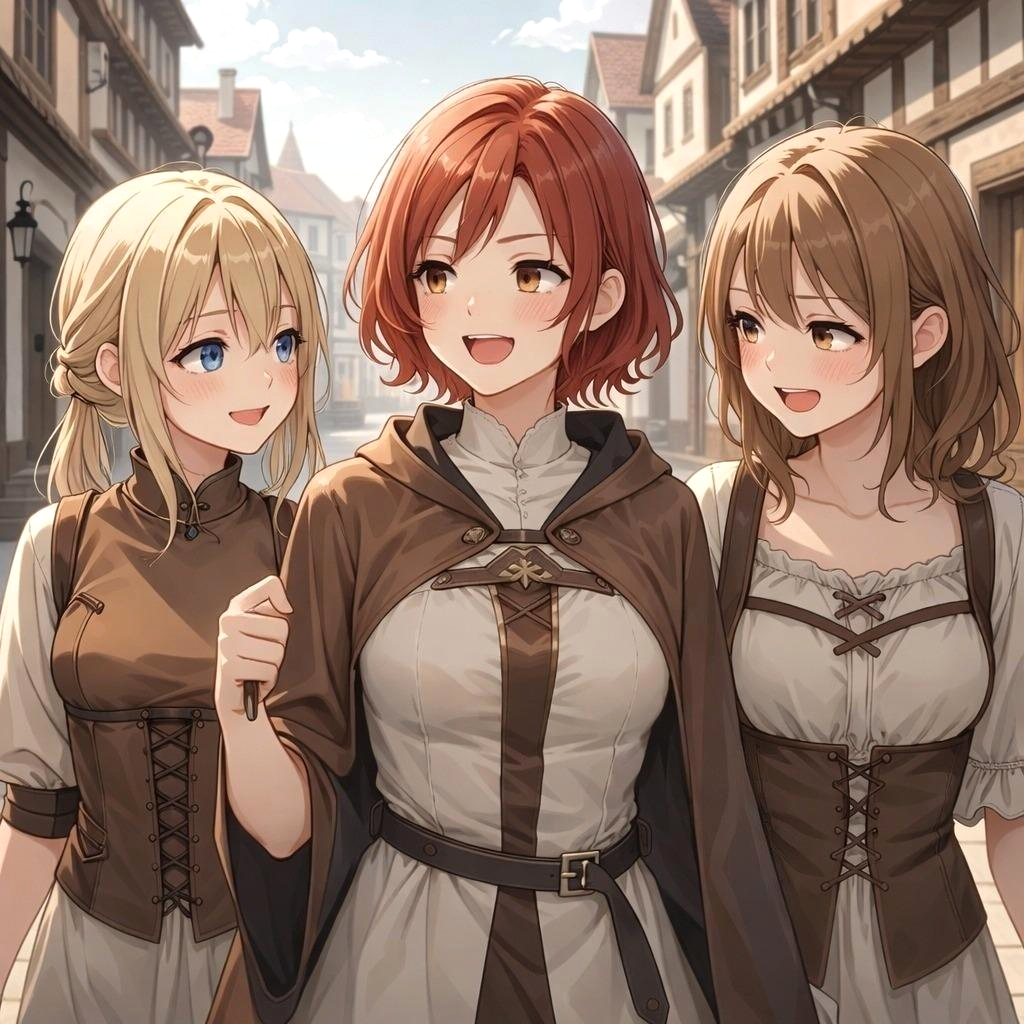 街を旅する3人の女性キャラクター