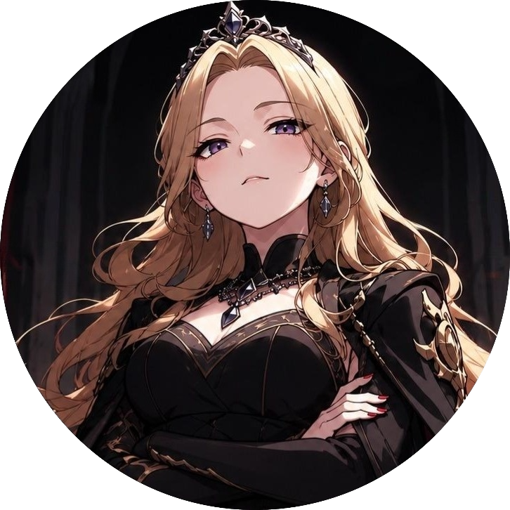 王冠と黒い衣装をまとった金髪の女性