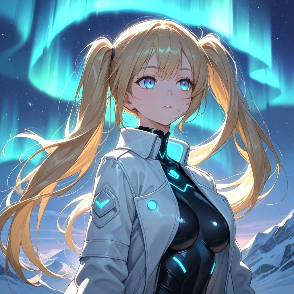 オーロラの下に立つ金髪のキャラクター