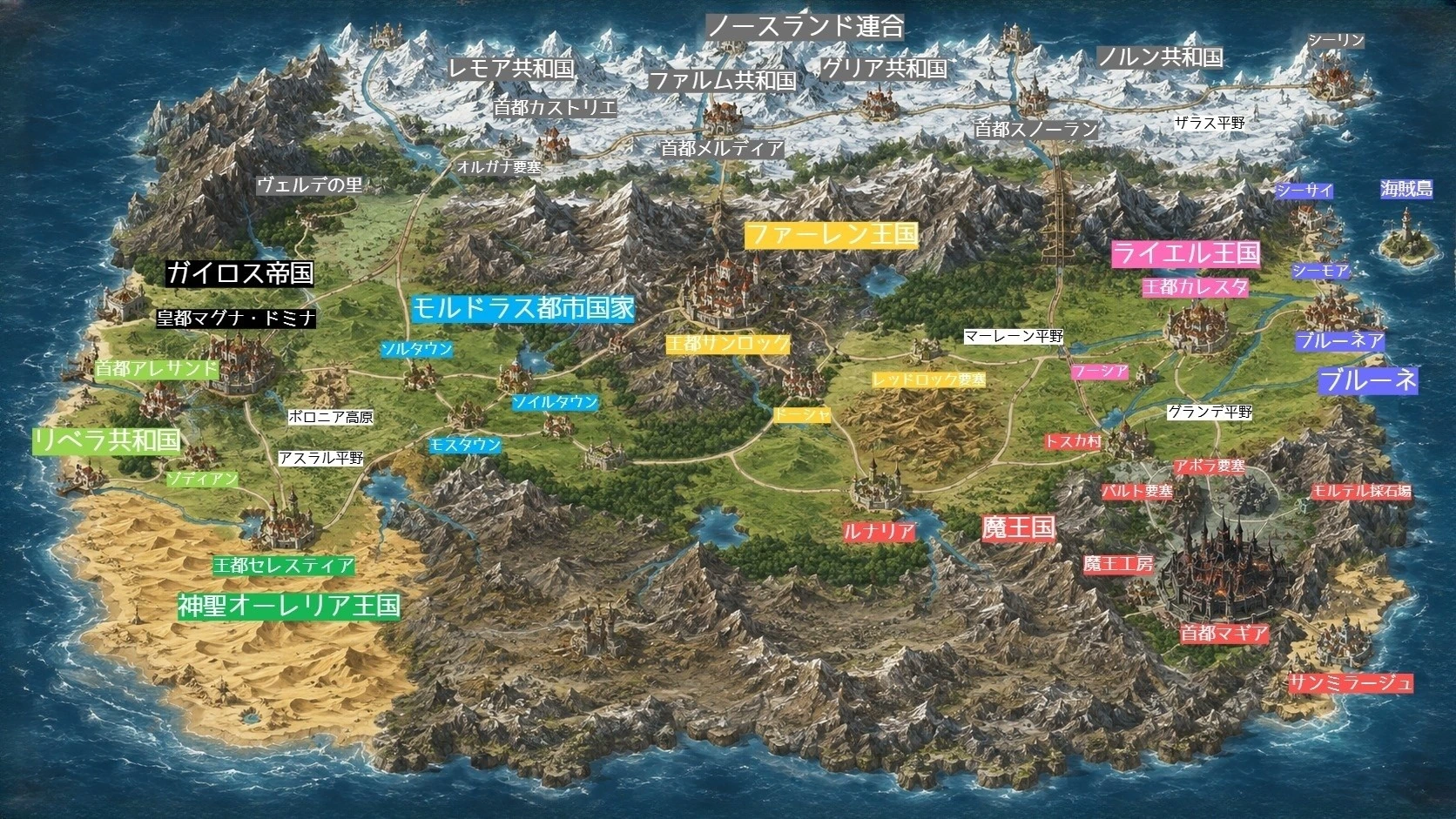 物語中期の国名と都市名を記した完成地図