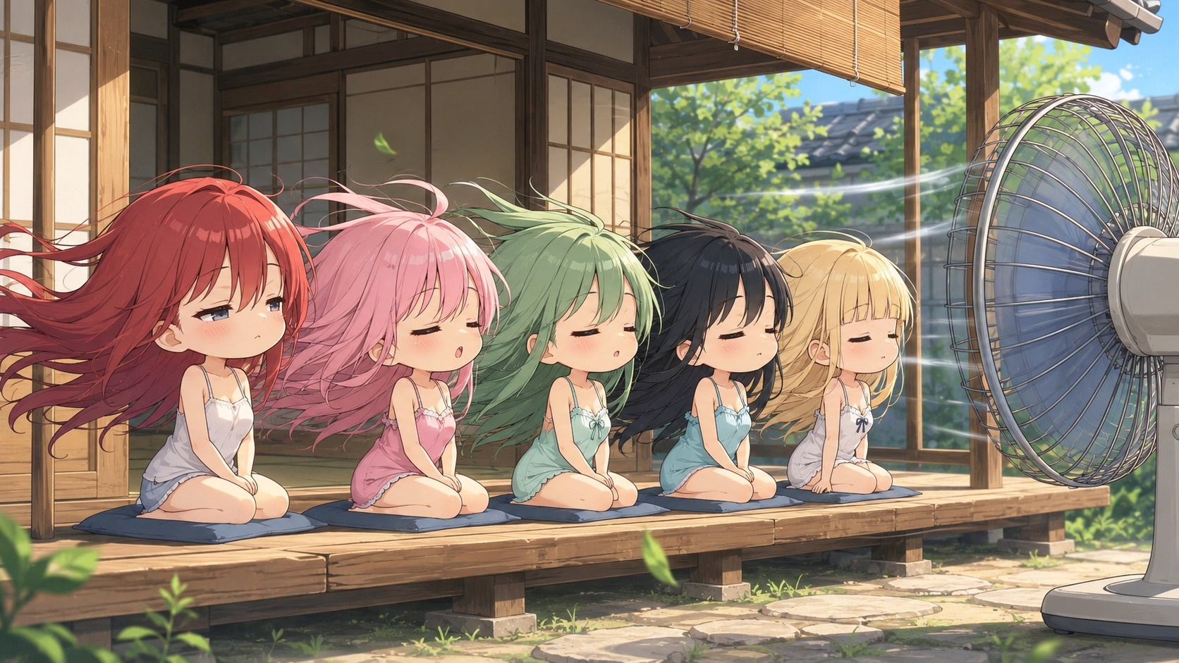 扇風機の風に当たる5人のアニメキャラクター